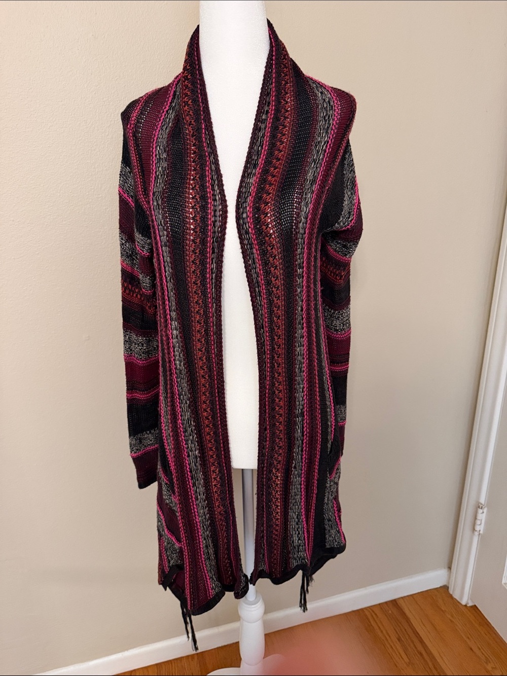 Billa Bong Open-Front Striped Knit Cardigan Sweater - Black & Pink